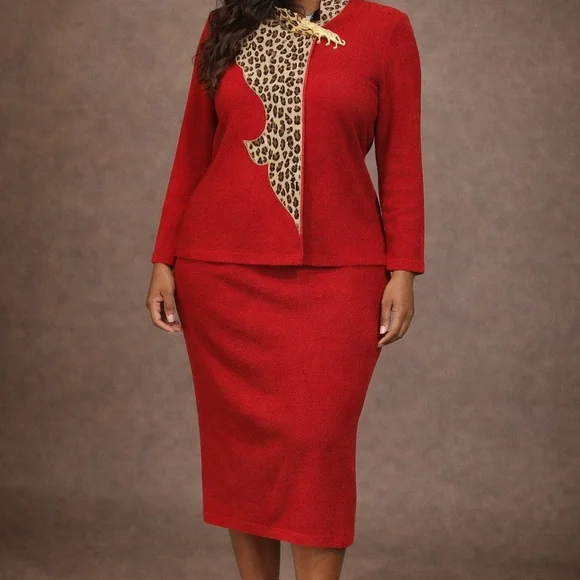 Elegant Red Leopard Accent Skirt Set - Picture 1 of 7